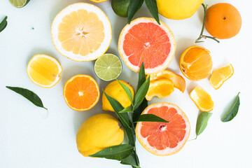 Fresh slices of different types of citrus: Orange, lime,lemon Grapefruit