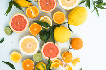 Fresh slices of different types of citrus: Orange, lime,lemon Grapefruit