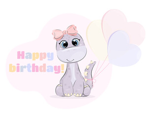 Cute dinosaur with balloons. Birthday greetings. 