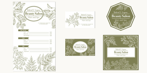 set of beauty salon template designs with hand drawn illustration of herb leaves
