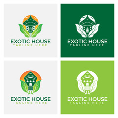 Exotic nature house logo design template inspiration with green leaves and summer time