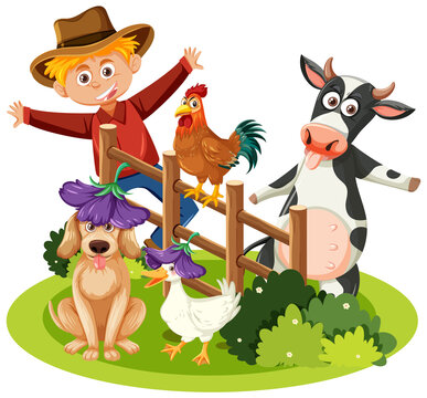 Happy farmer with animals at farm
