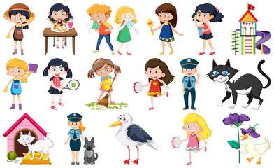 Set of different cute kids and objects
