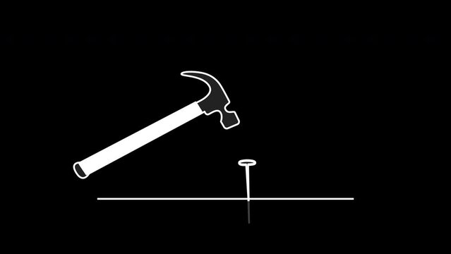 Hammering a nail, getting things done concept. Hand drawn illustration animation. Black background