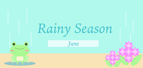 梅雨のバナー 雨 6月 雫や紫陽花 水色背景 WEBバナー ウェブ広告や販促 ベクターイラスト