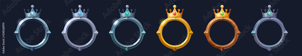 Poster fantasy frames with crown for user avatar in game interface. vector cartoon set of gui elements, emp