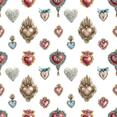 Watercolor seamless pattern with vintage hearts of gold, precious stones in vintage style. Vintage background with valentines day and other romantic events.