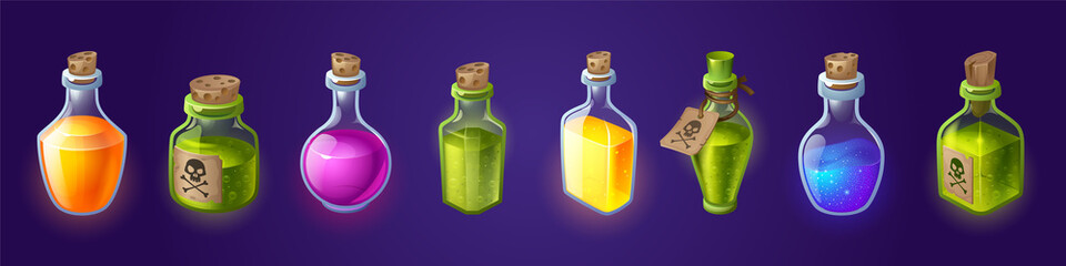 Bottles with magic potions and poisons. Vector cartoon set of glass flasks and vials with different color liquid potions, green acids, corks and tags with skull and crossbones sign