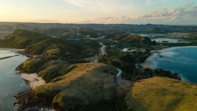 Aerial view of Lombok Bukit Merese, mandalika surrounding area seascape aerial view