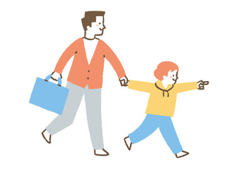 息子に手を引っ張られる父