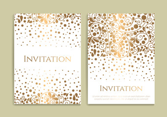 Gold and white luxury invitation card design with vector ornament pattern. Vintage template. Can be used for background and wallpaper. Elegant and classic vector elements great for decoration.
