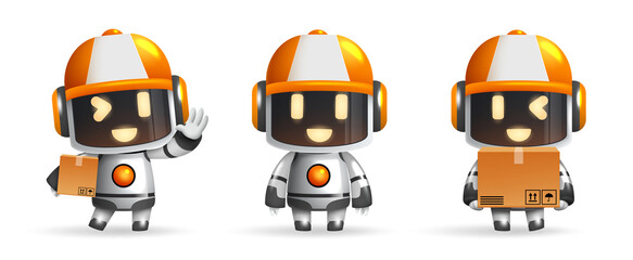 Obraz na płótnie Canvas Robots kawaii character vector set. 3d robotic delivery characters standing and holding boxes with friendly facial expression for cute ai bot collection design. Vector illustration. 
