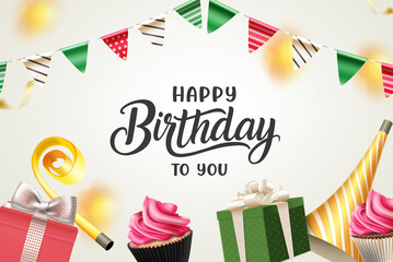 Fototapeta premium Birthday party vector background design. Happy birthday to you text with gifts, cup cake and pennants decoration for birth day greeting messages. Vector illustration. 