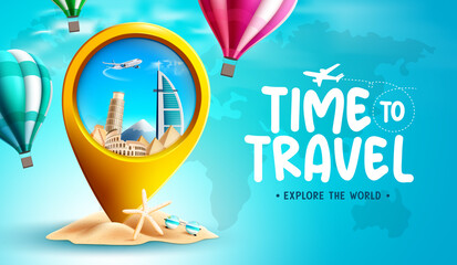 Travel time vector background design. Time to travel text with 3d gold pin icon and hot air balloon in globe element for international fun and enjoy travelling. Vector illustration.  © Zeinous