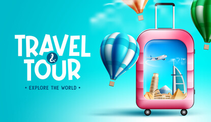 Travel vector background design. Travel and tour text with worldwide tourist destination landmark in luggage bag element for explore and adventure trip. Vector illustration.
