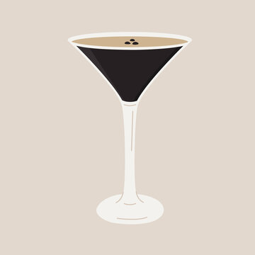 Espresso Martini Cocktail in glass garnished with coffee beans. Aperitif drink with alcohol. Alcoholic beverage isolated on background. Vector minimal flat style illustration.