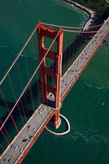 Aerial of traffic on Golden Gate Bridge, San Francisco Bay, San Francisco, California, USA.