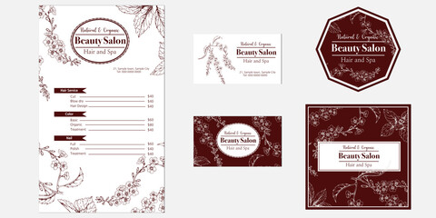 set of beauty salon template designs with hand drawn illustration of small flowers