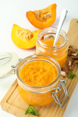 Concept of tasty food, pumpkin jam, close up