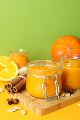 Concept of tasty food, pumpkin jam, space for text