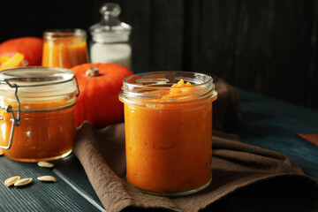 Concept of tasty food, pumpkin jam, close up