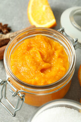 Concept of tasty food, pumpkin jam, close up