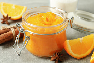 Concept of tasty food, pumpkin jam, close up