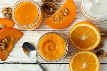 Concept of tasty food, pumpkin jam, top view