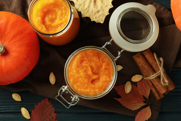 Concept of tasty food, pumpkin jam, top view