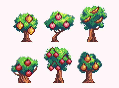 Fruit trees pixel art set. Orchard collection. 8 bit sprite. Game development, mobile app.  Isolated vector illustration.