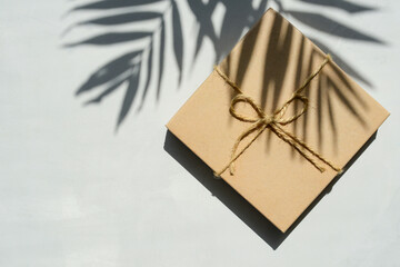Gift box wrapped in kraft paper on a light gray or beige background with palm tree shadows, top...