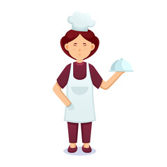 cartoon women. Friendly beautiful women in waiter clothes, holding a food and towel