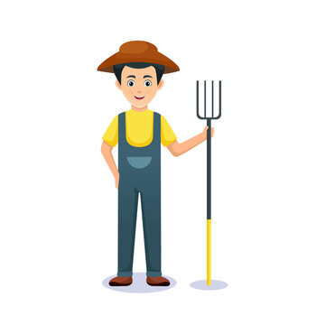 cartoon man with hat. Friendly handsome man in farmer's clothes, holding straw rake