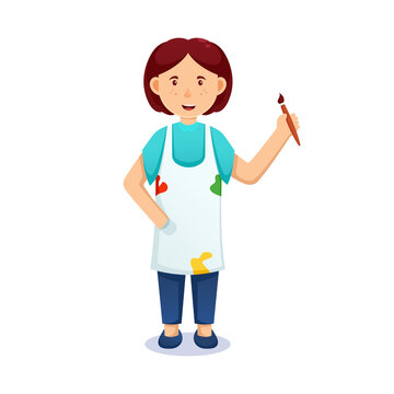 recommend clip art: cartoon woman. Friendly beautiful woman in painter outfit, holding drawing brush