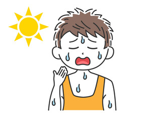 汗をかいている、脱水症の男性のイラスト