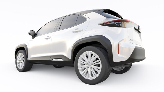 Tokyo, Japan. April 20, 2022: Toyota Yaris Cross 2020. Compact white SUV with a hybrid engine and four-wheel drive for the city and suburban areas on a white isolated background. 3d illustration.