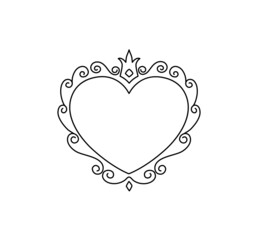 Princess heart frame. Royal mirror frame and majestic prince doodle border. Cute crown border. Outline vector illustration. 