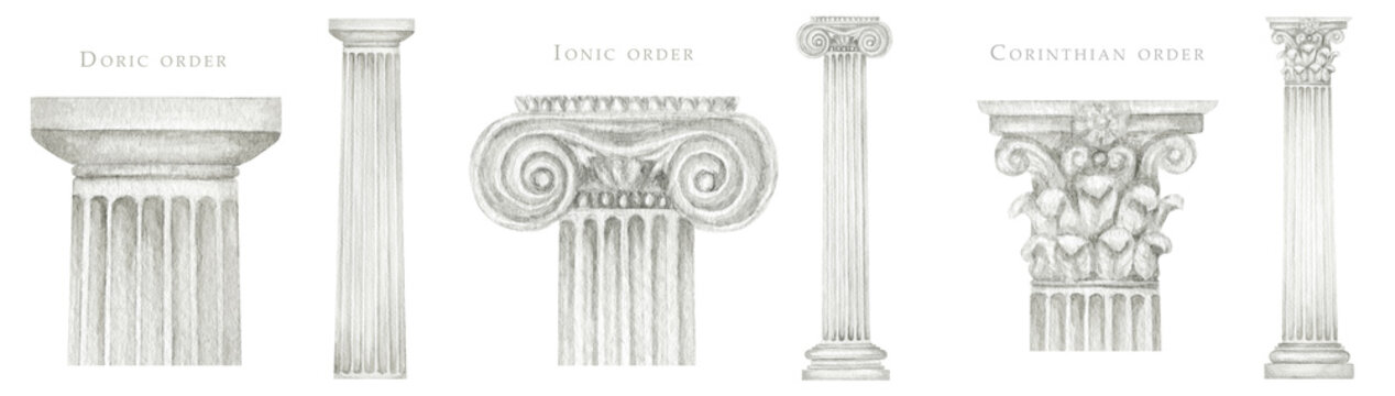 Watercolor antique column corinthian ionic doric order, Ancient Classic Greek pillar set, Roman Columns, Architecture facade elements Realistic drawing illustration isolated on white background