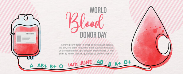Giant blood droplet with Blood bag in one line style and the day and name of event, example texts on pink background. Poster campaign of world blood donor day in line art and watercolor style.