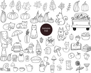 set autumn fall with animal cartoon, bundle, pumpkins,hand drawn,doodle, clipart, vector illustration,