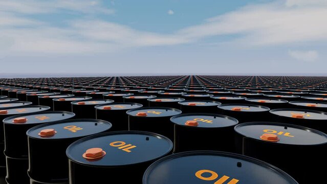 Million barrels of crude oil drums, fossil fuel and gasoline in container under clear sky. 3D Rendering animation