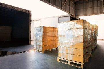 Packaging Boxes Wrapped Plastic on Pallets Loading into Cargo Container. Shipping Trucks. Delivery....