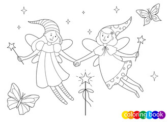 Two fairy-tale fairies and butterflies for design element kids coloring book page. Vector outline illustration.