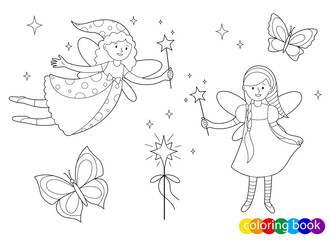 Fairy-tale fairies with magic wands for design element kids coloring book page. Vector outline illustration.