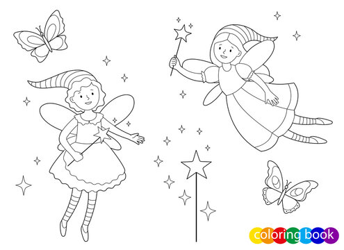 Fairy-tale fairies with magic wands and butterflies for design element kids coloring book page. Vector outline illustration.