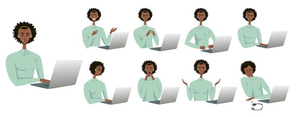 Different emotions of a call center operator. Flat vector illustration. Joy, laughter, cunning, anger, bewilderment, sadness, surprise, annoyance, tiredness - 508376398