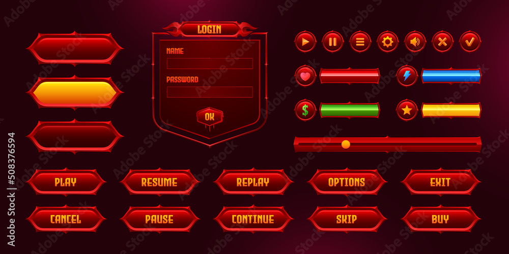 Poster set of game user interface frames, bars and menu buttons, ui or gui design elements. empty borders, 