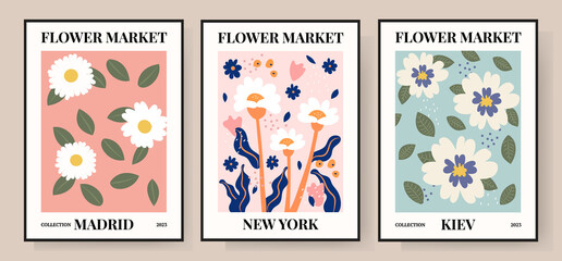 Set 1970 daisy flowers market poster. Abstract floral illustration. Poster for postcards, wall art, banner, background, for printing. Vector illustration.