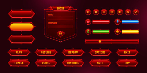 Set of game user interface frames, bars and menu buttons, ui or gui design elements. Empty borders, banners, red glowing keys. Gamer settings, login and password board, options Vector info graphics - obrazy, fototapety, plakaty