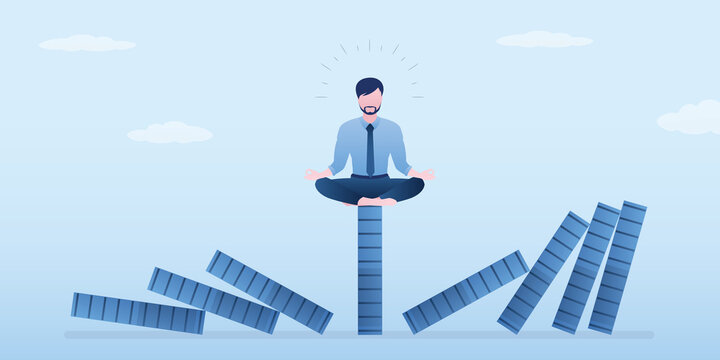 Risk Management. Economic Crash, Financial Collapse. Businessman Meditating For Relax. Reduce Stress And Eliminate Distraction. Confident Manager Meditating In Lotus Yoga Pose On Domino.